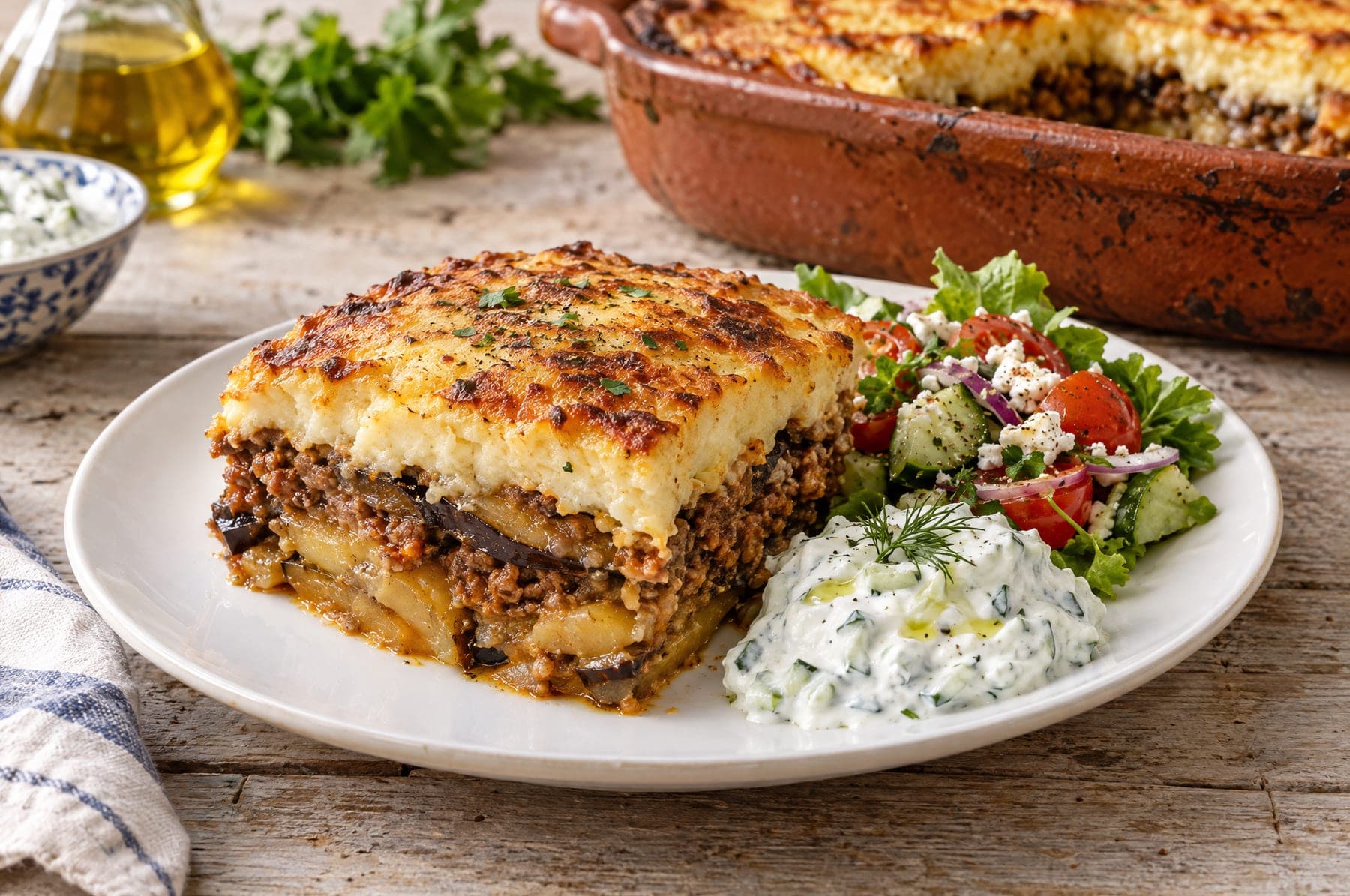 Mousaka mit goldbrauner Béchamelhaube, dazu Zaziki und Salat