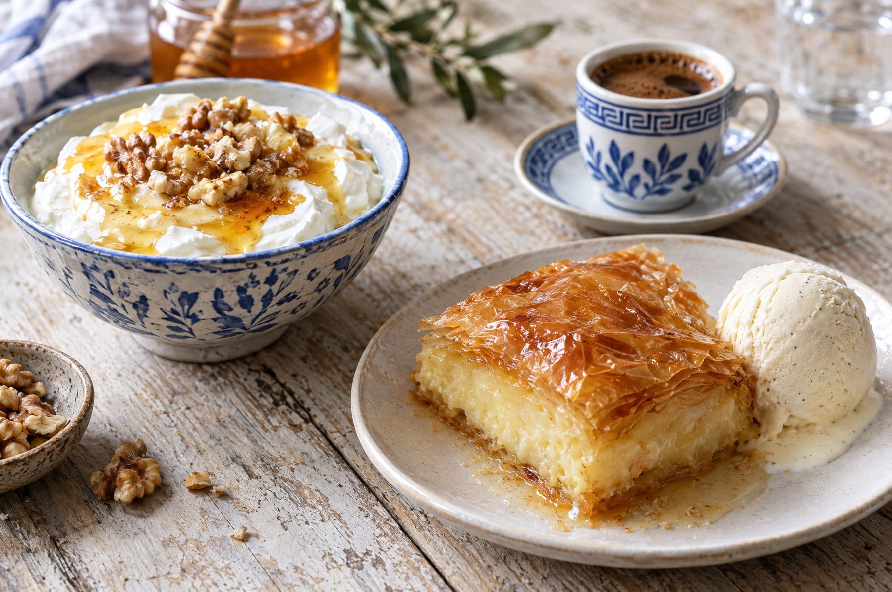 Griechischer Joghurt mit Honig und Walnüssen, Galaktoboureko mit Vanilleeis und griechischer Mocca