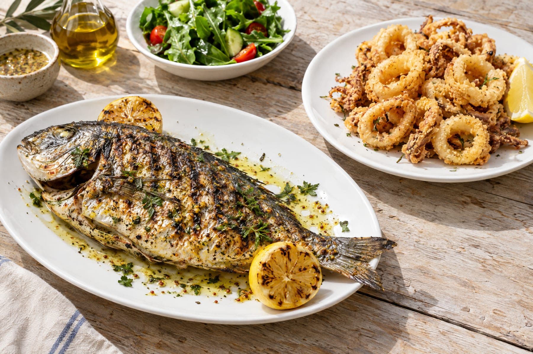 Gegrillte Dorade mit Olivenöl-Senfmarinade und Zitrone, daneben panierte Kalamarakia