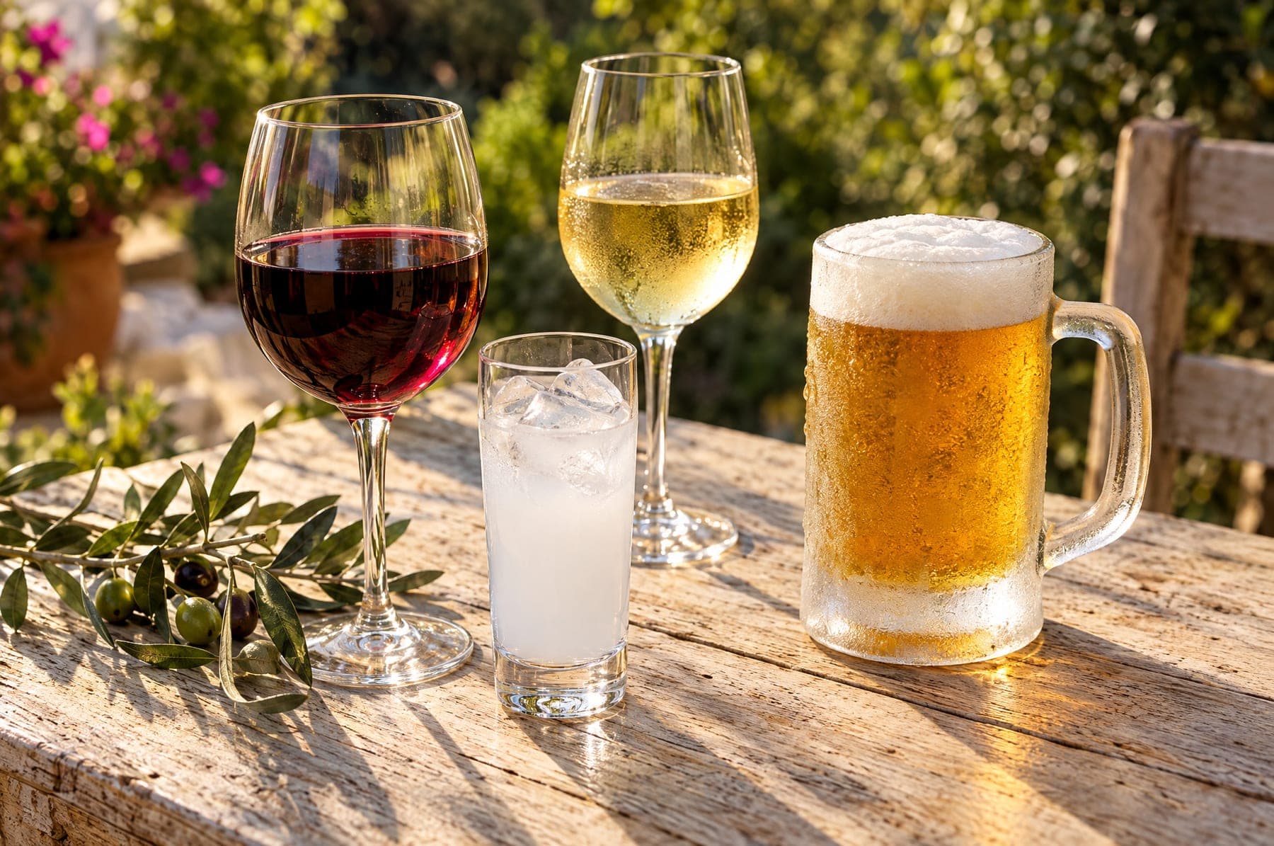 Rotwein, Weißwein, Ouzo und ein frisch gezapftes Bier auf einem Holztisch auf der Terrasse