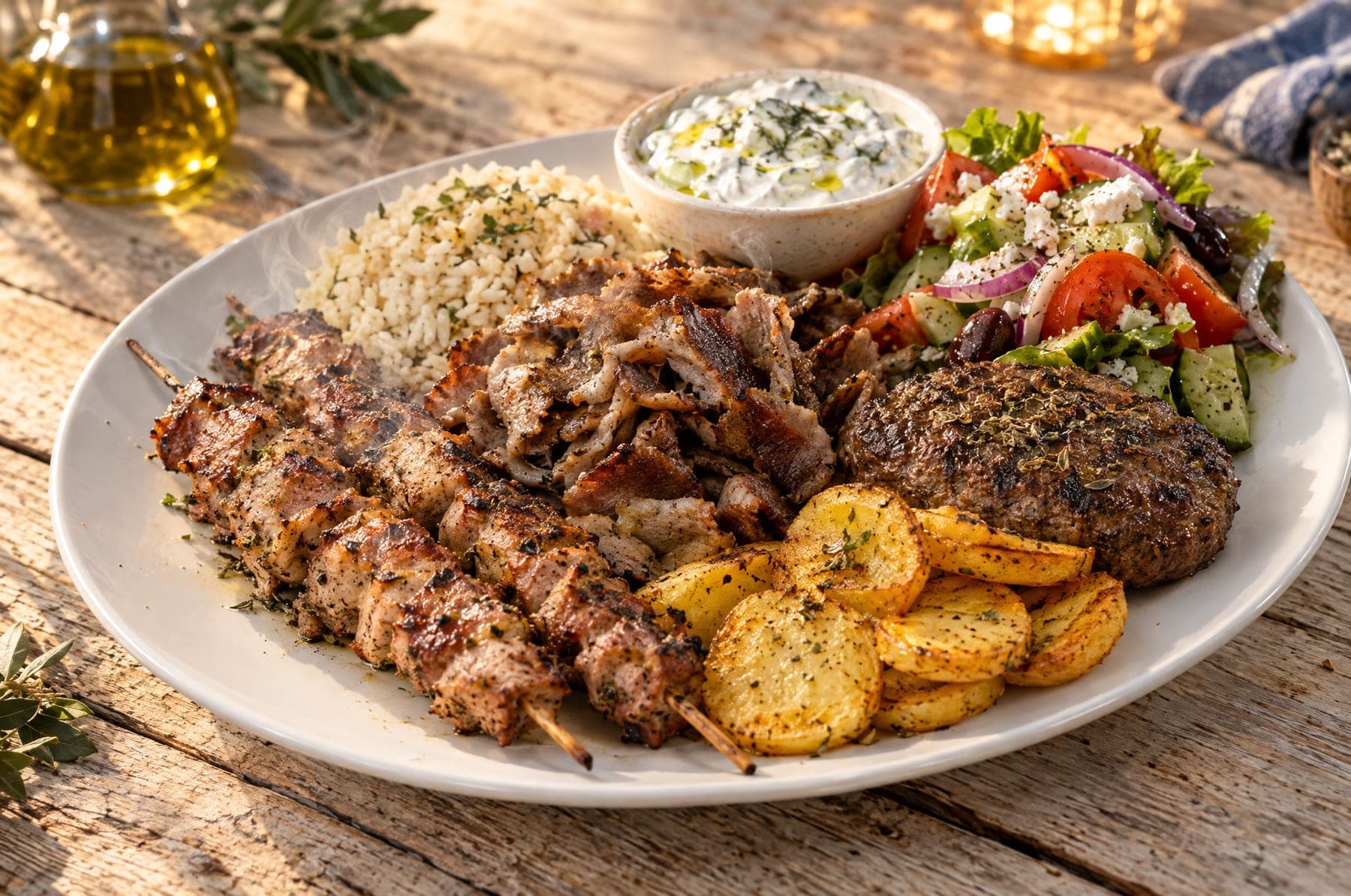 Griechischer Grillteller mit Souvlaki, Gyros und Bifteki, Kartoffelscheiben, Reis, Zaziki und Salat