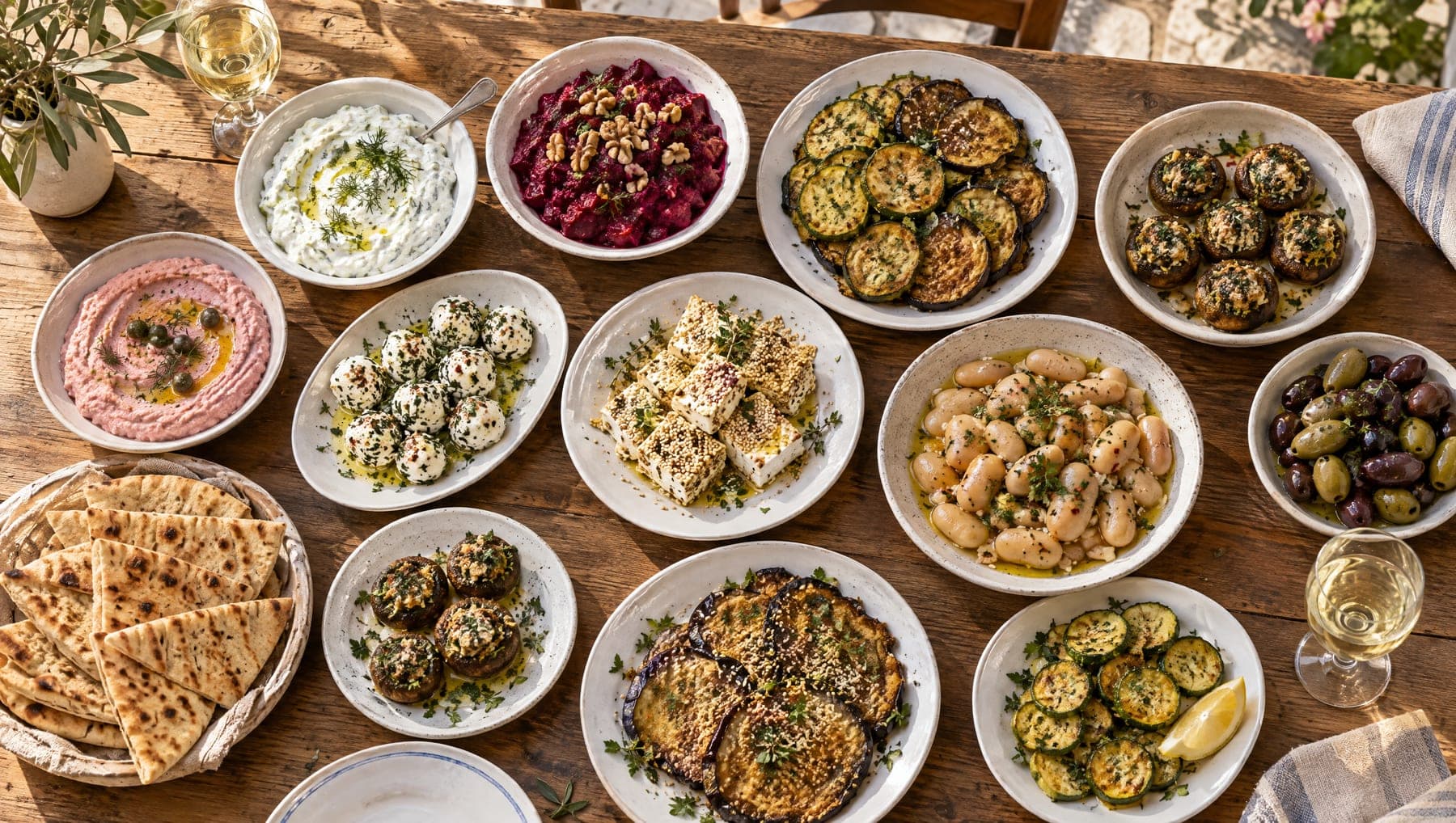 Langer Holztisch voller griechischer Mezedakia: Zaziki, Taramas, Rote-Beete-Salat, gebackenes Gemüse, Riesenbohnen, Oliven und Pita
