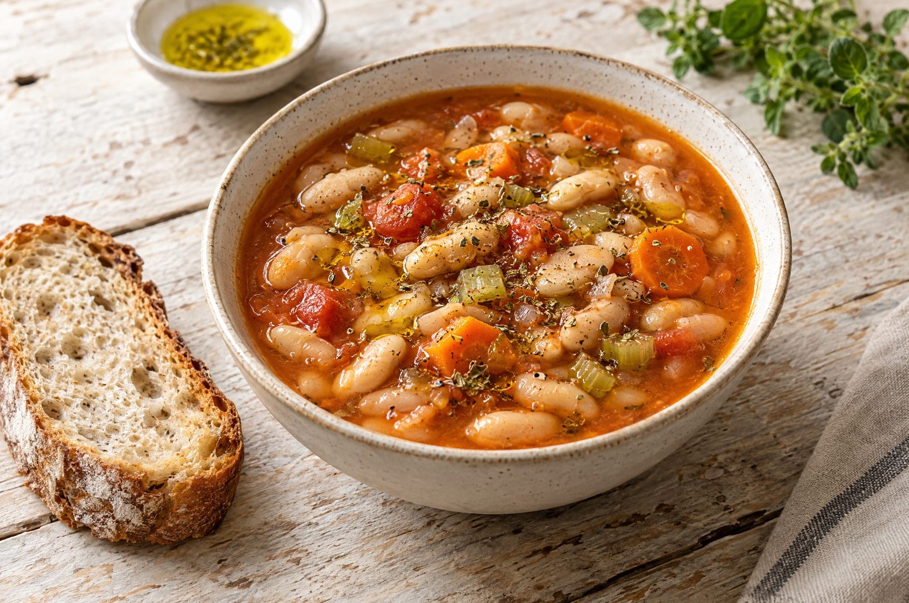 Schale Fasolada – griechische Bohnensuppe mit Olivenöl und Oregano, dazu Bauernbrot