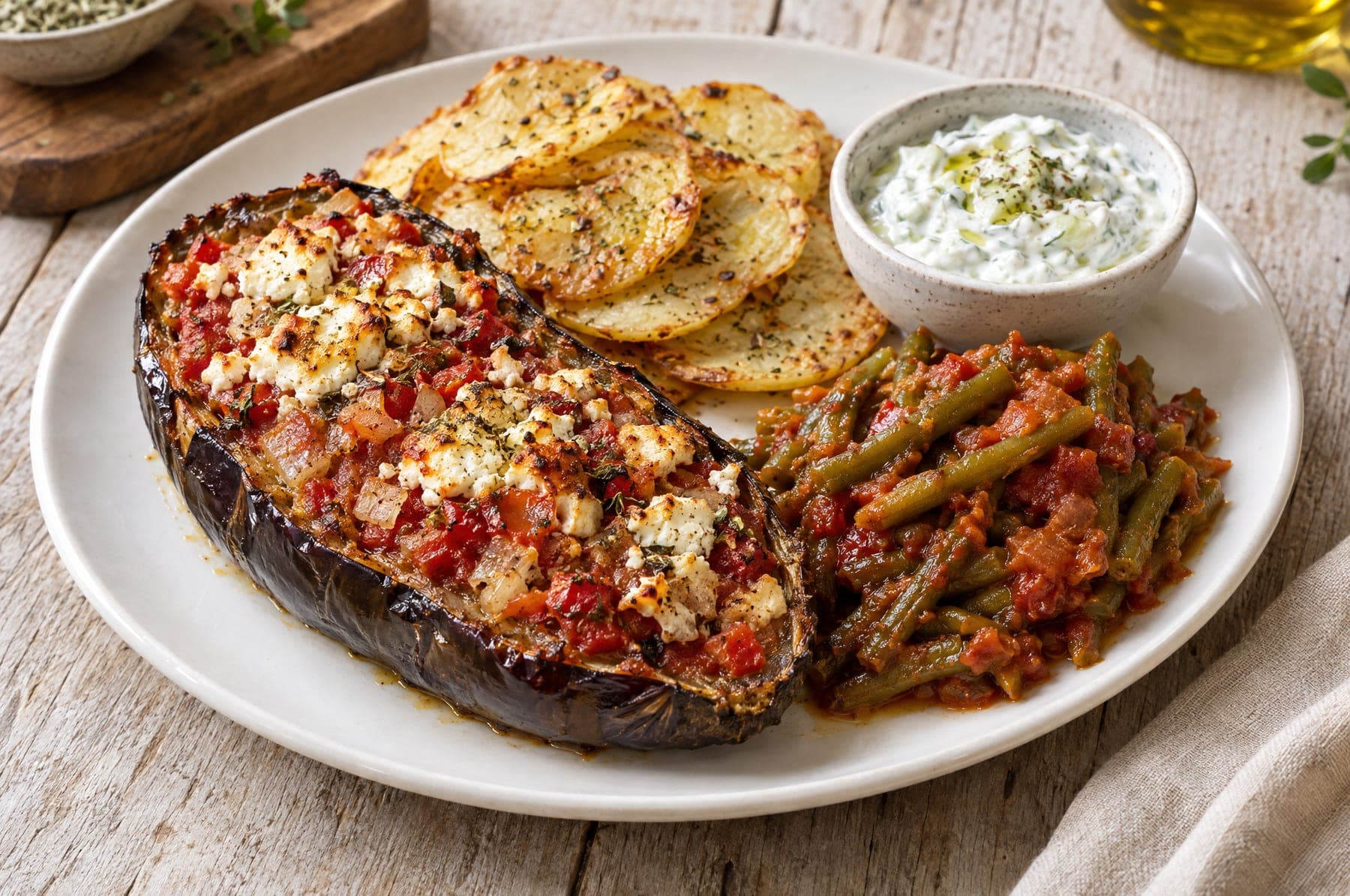 Melitzana Fournou – gebackene Aubergine mit Feta, Tomaten und Zwiebeln, dazu Kartoffelscheiben, grüne Bohnen und Zaziki