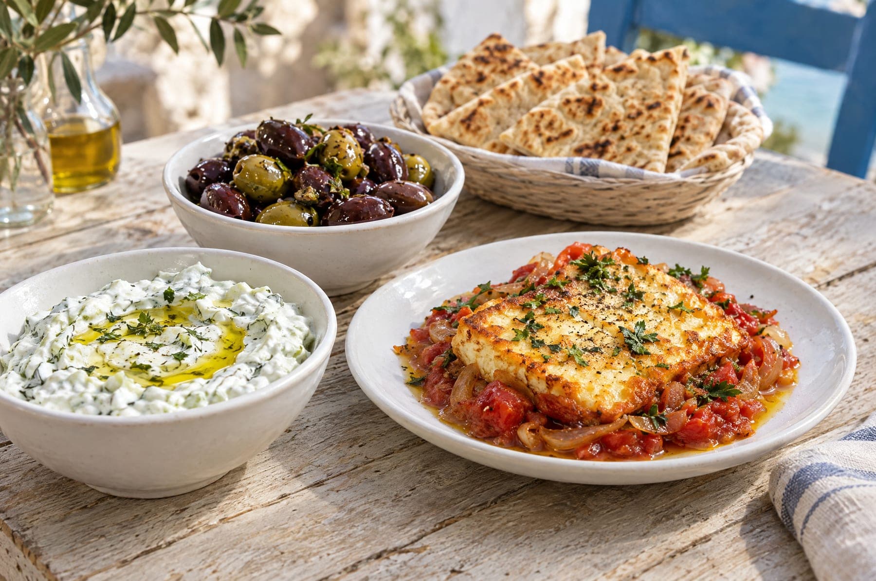 Griechische Vorspeisen: Zaziki mit Olivenöl, Kalamata- und Chalkidiki-Oliven, Saganaki Feta mit Tomatenzwiebelragout und Pita